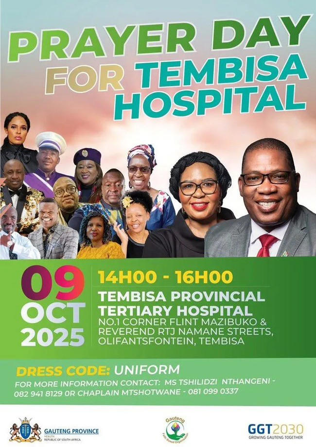 Prayer Day for Tembisa Hospital event poster.