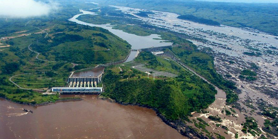 Aerial view of Congo River dam and landscape.