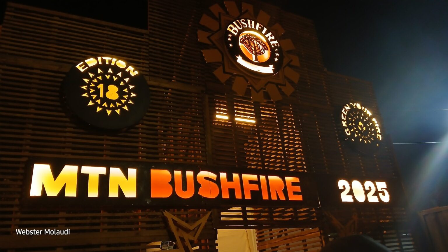 MTN Bushfire 2025 festival sign at night