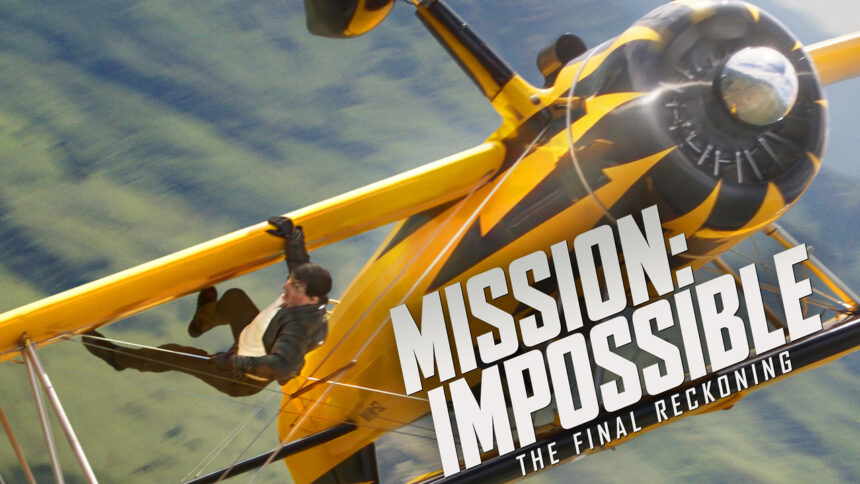 Person hanging on yellow plane in action scene.