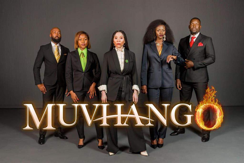Muvhango cast in formal attire with fiery title.