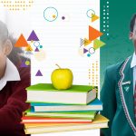 Two students smiling, apple on books, Keep Shining text.