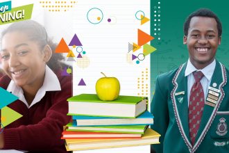 Two students smiling, apple on books, Keep Shining text.