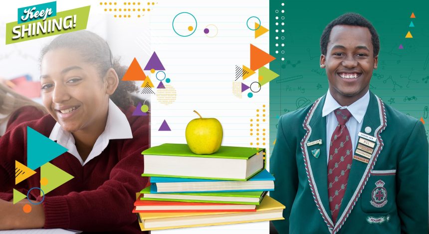 Two students smiling, apple on books, Keep Shining text.