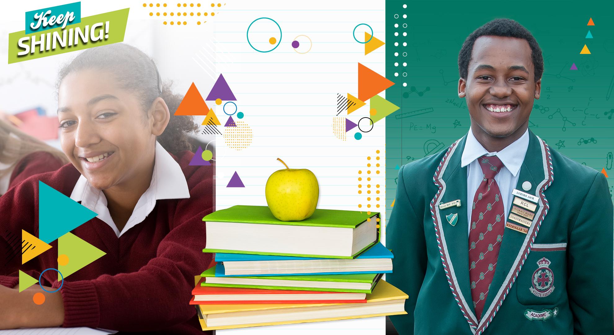 Two students smiling, apple on books, Keep Shining text.