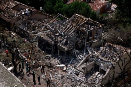 Collapsed buildings with debris after disaster