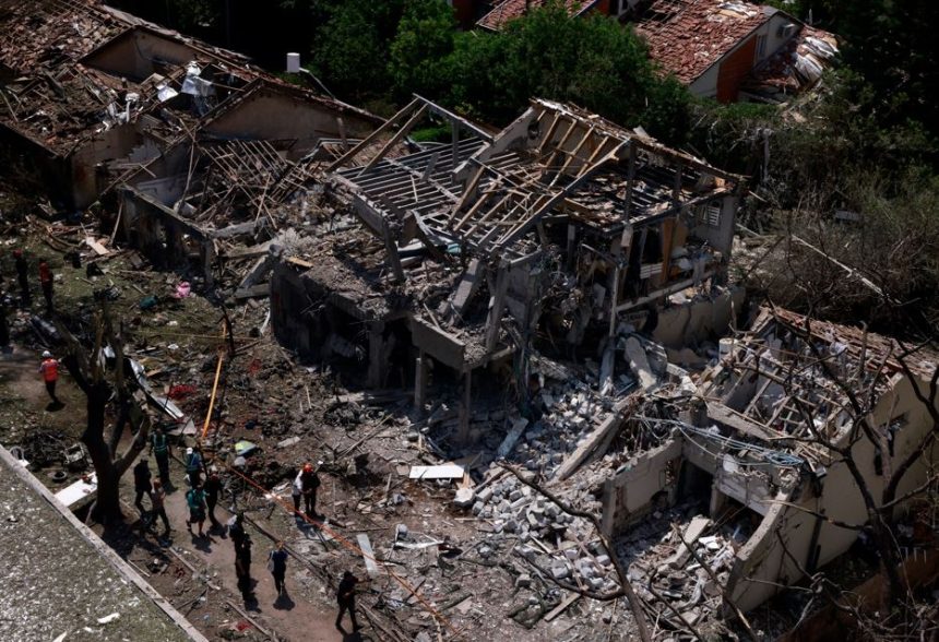 Collapsed buildings with debris after disaster