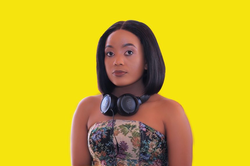 Woman with headphones against yellow background