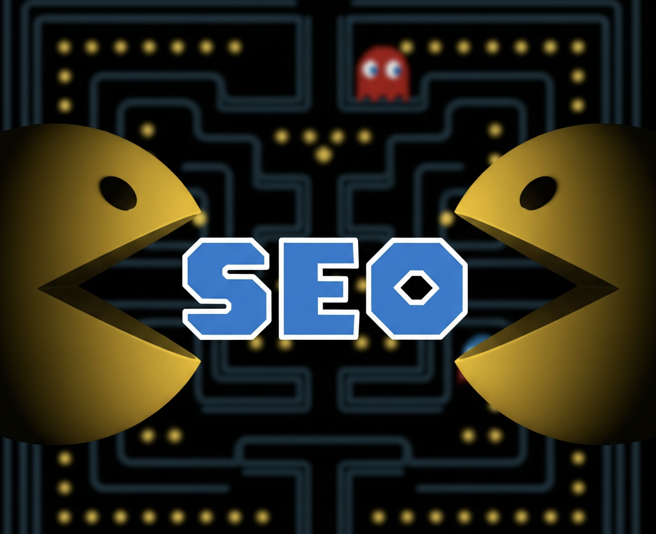 Pac-Man characters with SEO text in maze