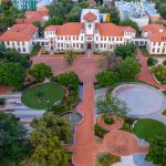 Aerial view of a historical university campus.