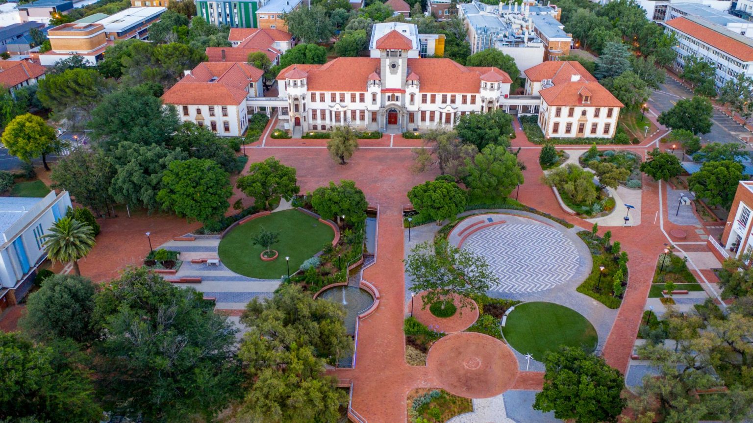 Aerial view of a historical university campus.