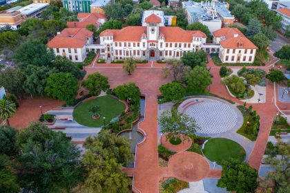Aerial view of a historical university campus.