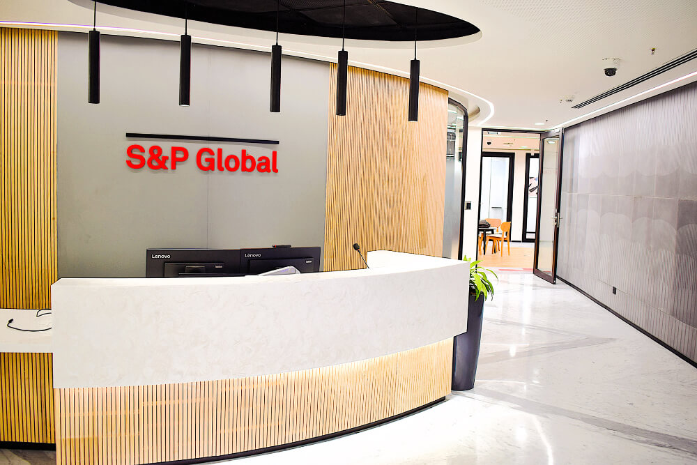 S&P Global reception area with modern design.