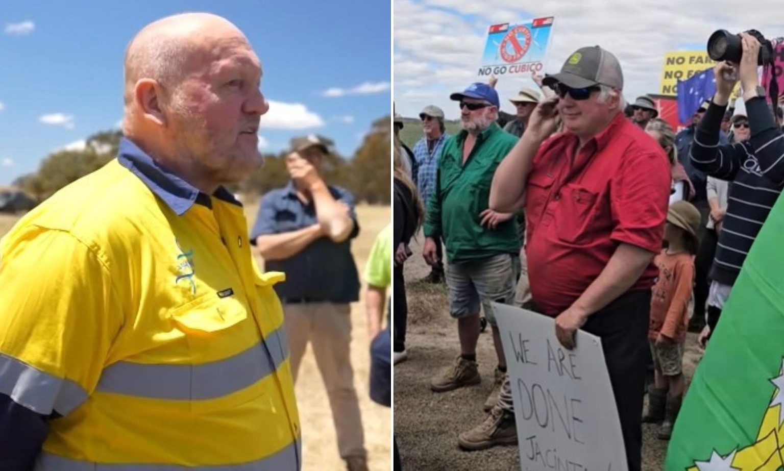 Protesters with signs in a rural area.