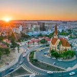 Windhoek cityscape at sunset with church view.
