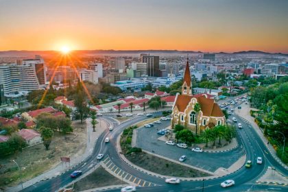 Windhoek cityscape at sunset with church view.