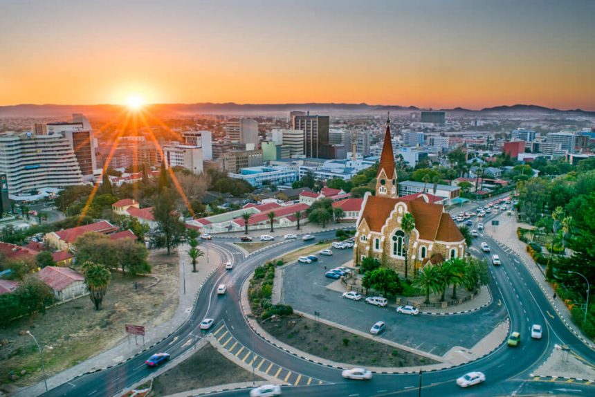 Windhoek cityscape at sunset with church view.