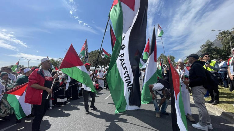 People marching with large Palestinian flags outdoors