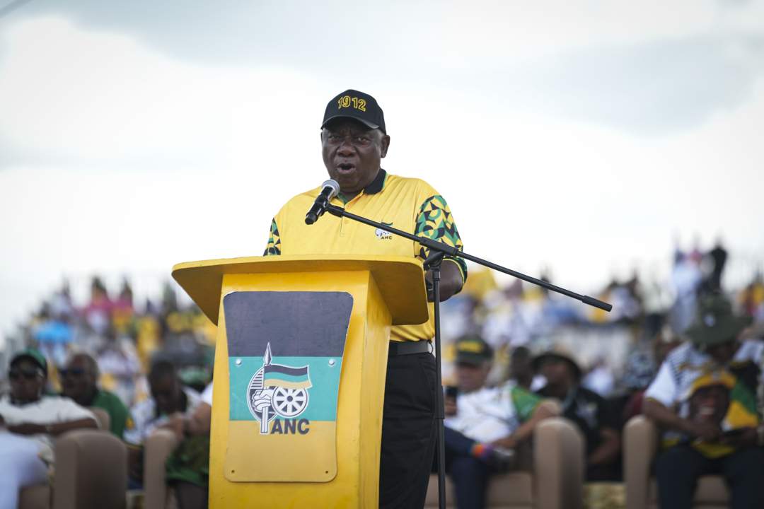 President Cyril Ramaphosa addressing ANC supporters at the January 8 statement in the North West