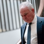 Sen. Tim Kaine arrives for a closed briefing in the U.S. Capitol Building on December 17, 2025 in Washington, DC.