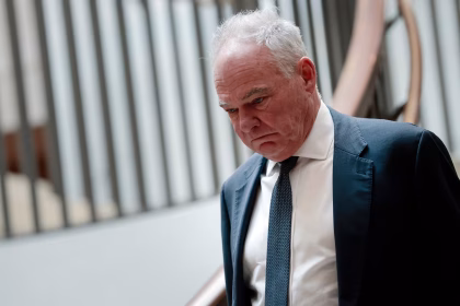 Sen. Tim Kaine arrives for a closed briefing in the U.S. Capitol Building on December 17, 2025 in Washington, DC.