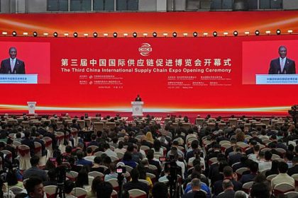 South African Deputy President Paul Mashatile delivers his speech on stage during the opening ceremony of the 3rd China International Supply Chain Expo, July 2025.