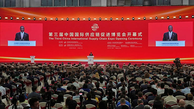 South African Deputy President Paul Mashatile delivers his speech on stage during the opening ceremony of the 3rd China International Supply Chain Expo, July 2025.