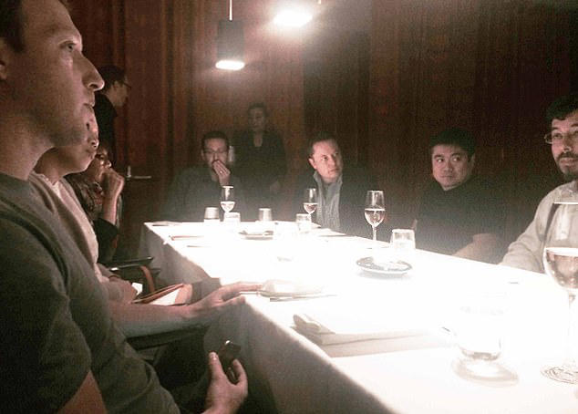 The image, released by the US Department of Justice, shows Facebook founder Mark Zuckerberg seated at a dinner table alongside SpaceX boss Elon Musk and PayPal co-founder Peter Thiel