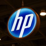 HP logo sign hanging at exhibition hall