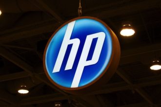 HP logo sign hanging at exhibition hall