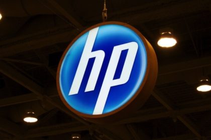 HP logo sign hanging at exhibition hall