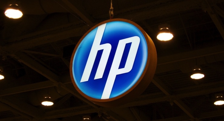HP logo sign hanging at exhibition hall