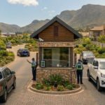Security guards at gated estate entrance with cars