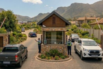 Security guards at gated estate entrance with cars