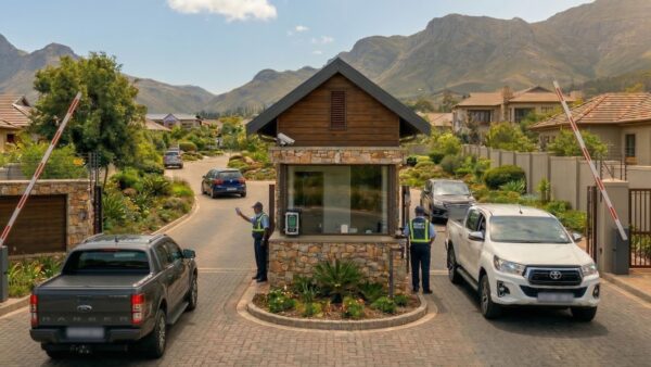 Security guards at gated estate entrance with cars