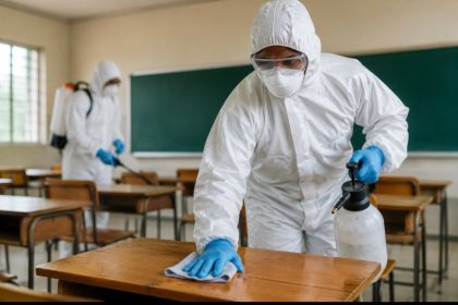 Workers disinfecting classroom desks in protective suits