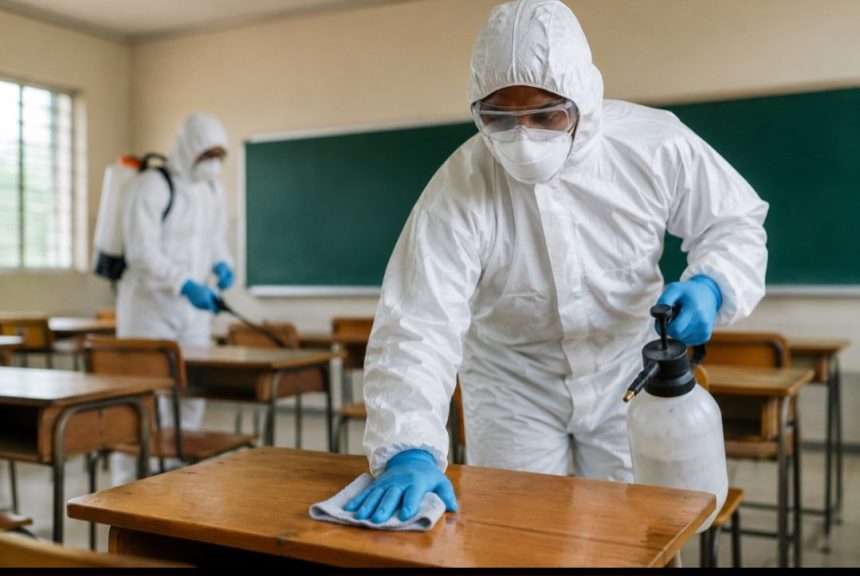 Workers disinfecting classroom desks in protective suits