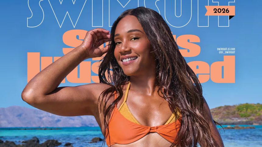 Woman in orange bikini at tropical beach
