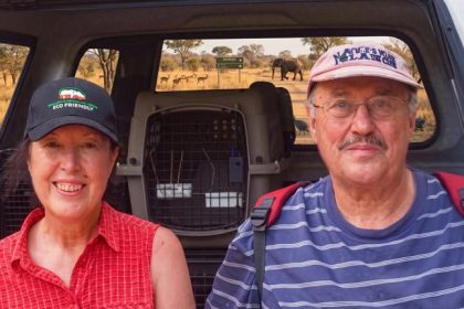 Couple on safari with elephants in background