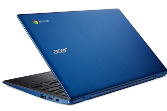 Blue Acer Chromebook laptop partially open