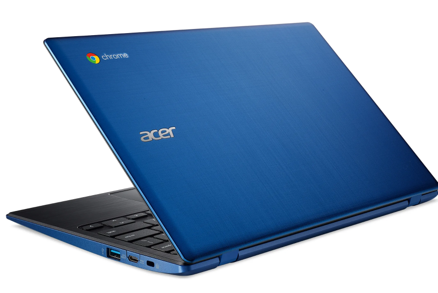 Blue Acer Chromebook laptop partially open