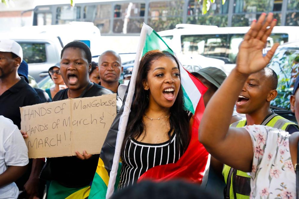 Protesters marching with South African flag and placard