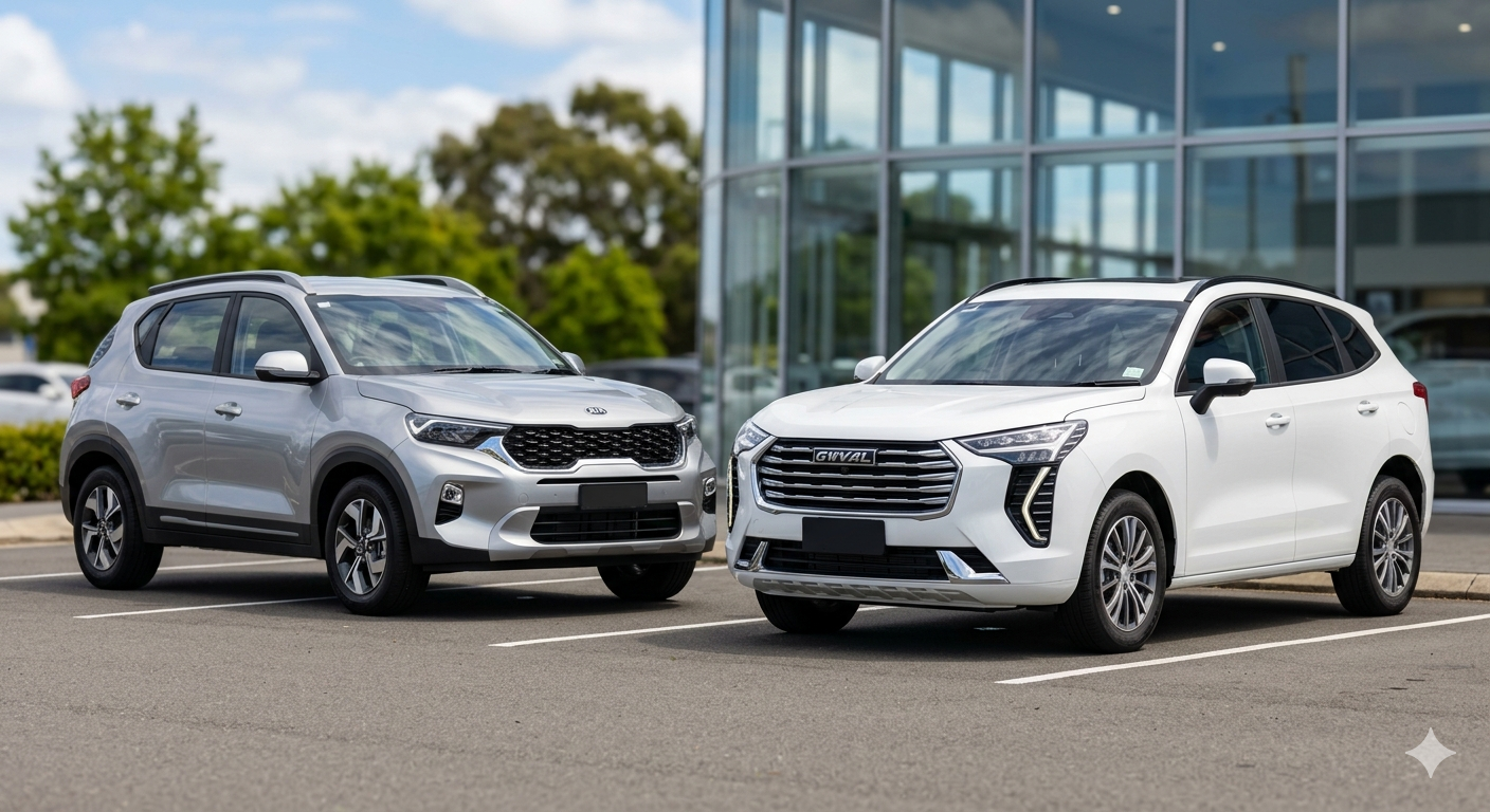 Two modern SUVs parked outside glass building