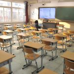 Empty classroom with desks and teacher at front