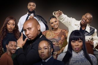 Stylish group portrait of eight well-dressed adults