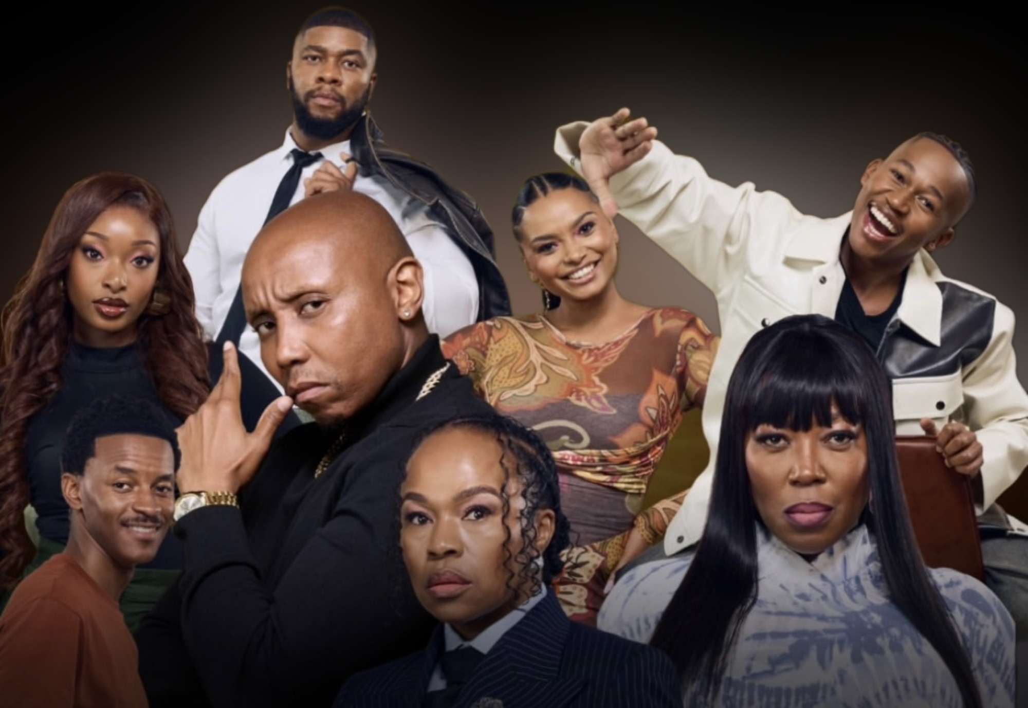 Stylish group portrait of eight well-dressed adults