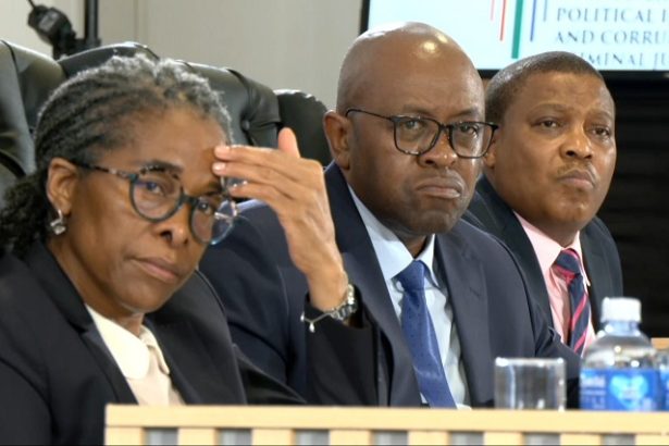 Three officials seated at formal inquiry panel