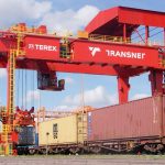 Transnet gantry crane loading containers onto freight train
