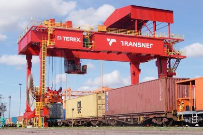 Transnet gantry crane loading containers onto freight train