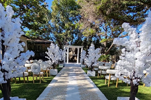 Elegant outdoor wedding aisle framed by white blossom trees